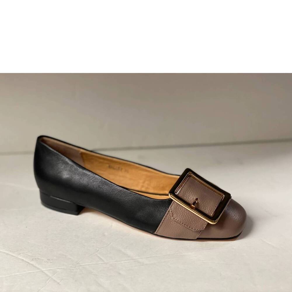 NEW RALPH MIGUEL women's balley large buckle shoes in black leather/beige tip